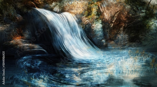 Abstract representation of a waterfall's essence, focusing on flowing lines, cool color palette, and dynamic energy, digital art