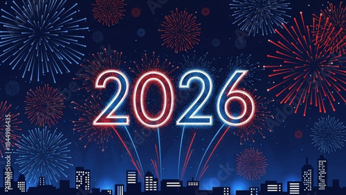 New year 2026 celebration with vibrant fireworks exploding over city skyline at night