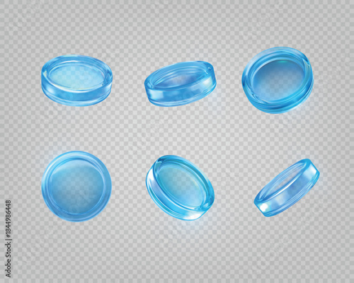 3D holographic blue glass coins vector set, realistic shiny transparent crystal reward medal, game token, casino chip
