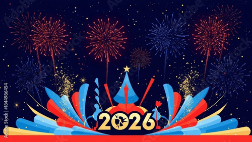 Vibrant fireworks explode in night sky behind colorful 2026 new year celebration graphic with bold yellow