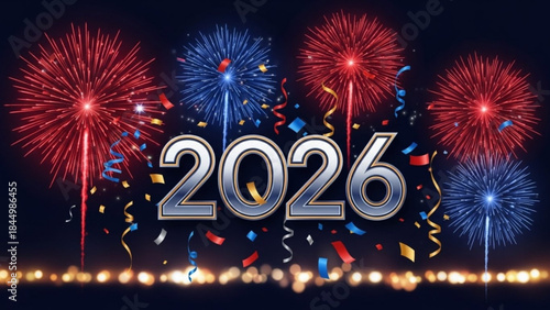 Vibrant fireworks display celebrating 2026 with colorful bursts of light and confetti in the night sky