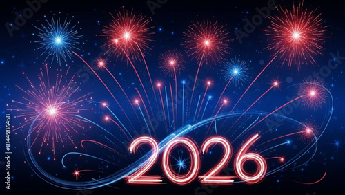 Vibrant fireworks display with 2026 neon sign in night sky with colorful explosions