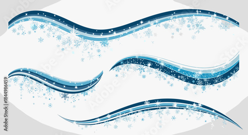 Elegant blue winter decorative waves with snowflakes and sparkling streaks flowing across a soft light background for use in seasonal designs and graphics.