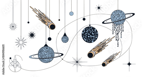 Colorful space themed decorative illustration showing planets with rings comets stars and orbital paths linking celestial bodies in a whimsical cosmic scene.
