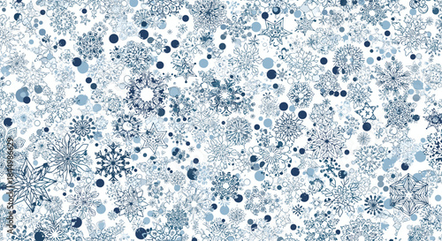 Intricate blue snowflake pattern forms a frosty seamless background of delicate icy shapes and scattered dots suitable for winter themed designs.