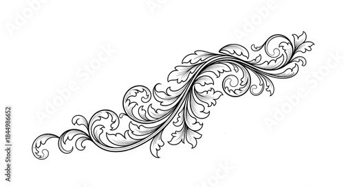 Intricate black and white ornamental foliate flourish featuring curling vines and stylized leaves suitable for borders and vintage decorative art.