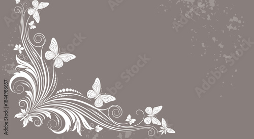 Floral ornamental curves and graceful butterflies swirl in white on a muted gray background forming an elegant decorative corner for graphic designs.