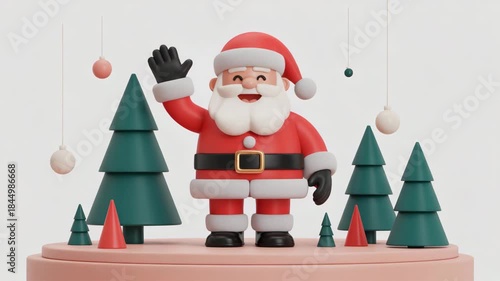 Santa claus waving hand with christmas tree