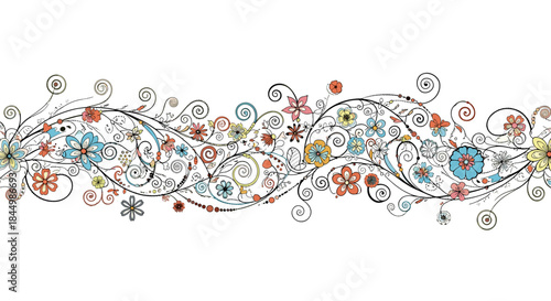 Vibrant flowing floral border with spiraling vines and colorful blossoms weaving across the page in an ornate decorative motif.