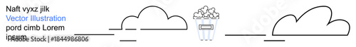 Entertainment, leisure, minimalism, creativity, design concepts, abstract ideas. Popcorn bucket surrounded by clouds and lines. Entertainment and leisure symbols interpreted through minimalistic