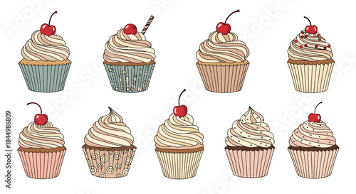 Colorful assortment of illustrated cupcakes topped with cherries and swirled frosting in pastel paper wrappers arranged in a grid.
