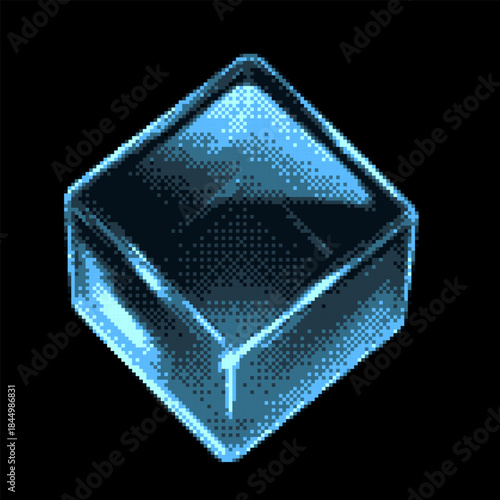 Transparent glossy crystal cube with light glare effect pixel art vector icon, retro 8 bit video game 3D blue glass cube