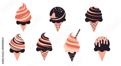 Seven colorful ice cream cones with swirls toppings and drizzle are arranged in two rows creating a playful sweet treat collage for art loving gourmets.