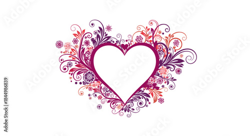 Vibrant decorative heart formed by flowing floral swirls and ornate curls in purple pink and orange hues celebrating love and artistic design.