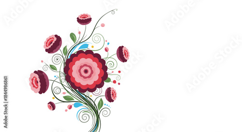 Vibrant stylized floral bouquet with pink red purple blooms and green leaves featuring curling vines and decorative petals in an elegant ornamental design.