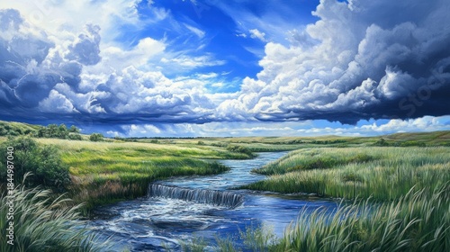 Ephemeral waterfall after a heavy rain, coursing through a usually dry ravine, fresh vegetation, dramatic clouds