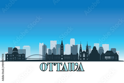 Global city Ottawa shown in a detailed vector skyline with a bright blue sky	
