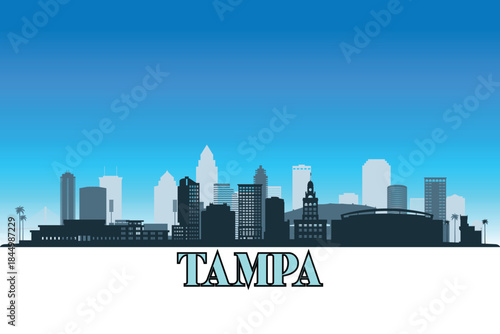 Global city Tampa shown in a detailed vector skyline with a bright blue sky	