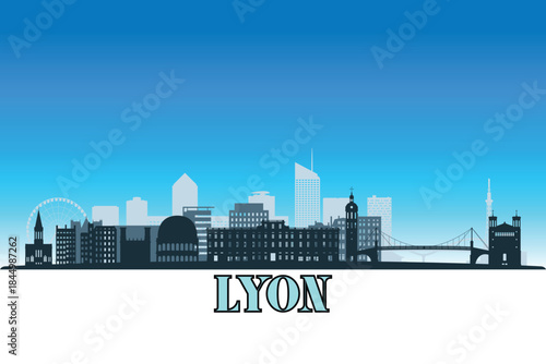 Global city Lyon shown in a detailed vector skyline with a bright blue sky	