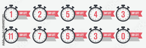 Countdown timer icon set, featuring vector stopwatch labels showing zero to ten days left, ideal for sale, offer, promotion, limited time events, digital marketing campaigns and web banner designs.