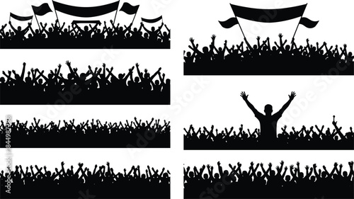 Cheering crowd silhouette collection, people waving flags celebrating victory, protest rally concert audience unity, festival event background illustration set