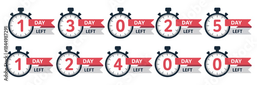 Countdown timer vector icon set, with stopwatch labels displaying zero to ten days remaining, perfect for sales promotions, limited time offers, deadline reminders, digital marketing visuals 