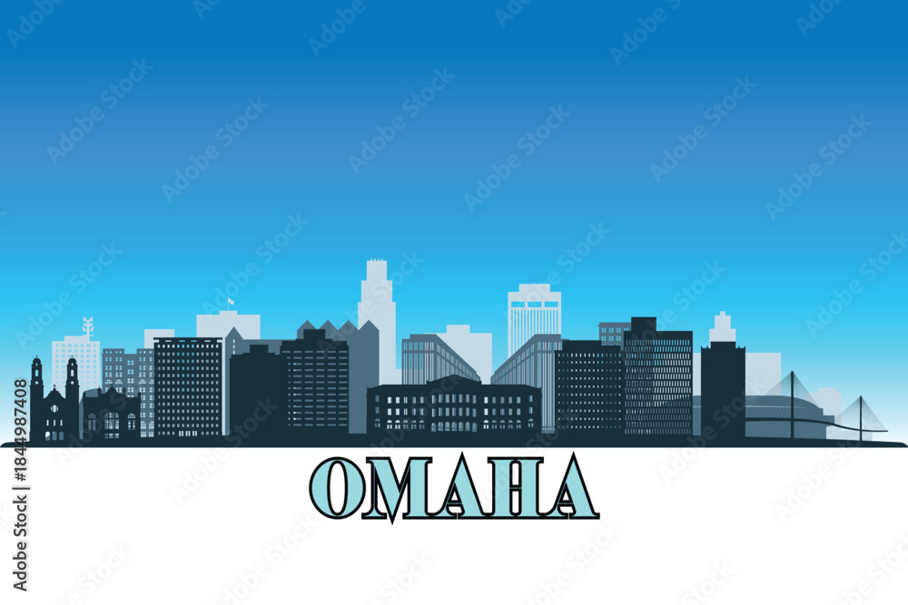 Naklejka premium Global city Omaha shown in a detailed vector skyline with a bright blue sky