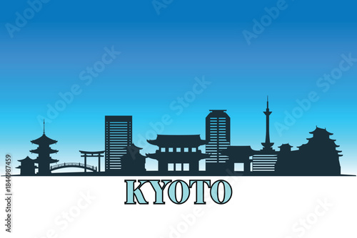 Global city Kyoto shown in a detailed vector skyline with a bright blue sky	