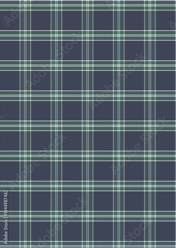 Seamless blue plaid fabric pattern with green geometric lines for textile design and decoration
