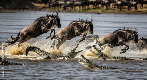 Dramatic wildlife encounter: Wildebeest leap amidst crocodile ambush during river crossing challenge