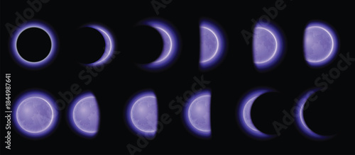 A set of lunar phases with a purple glow: waning, waxing, full, and eclipse.