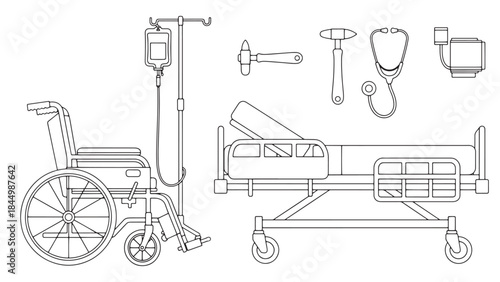Vector collection of hospital room furniture including wheelchair bed and iv drip stand for medical facility equipment