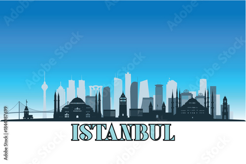 Global city Istanbul shown in a detailed vector skyline with a bright blue sky	