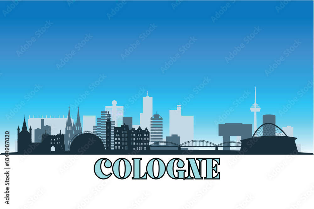 Obraz premium Global city Cologne shown in a detailed vector skyline with a bright blue sky 