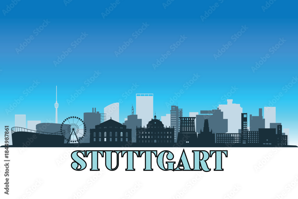 Fototapeta premium Global city Stuttgart shown in a detailed vector skyline with a bright blue sky 