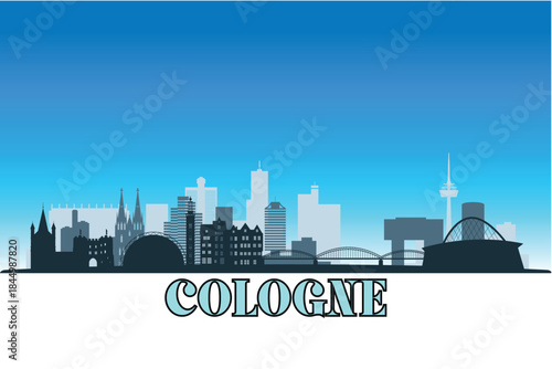 Global city Cologne shown in a detailed vector skyline with a bright blue sky	