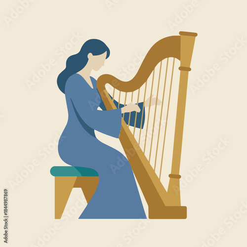 Flat vector illustration of a classical harpist playing harp, graceful posture, simplified instrument design, solid colour palette, clean flat vector art, no shadows, isolated background