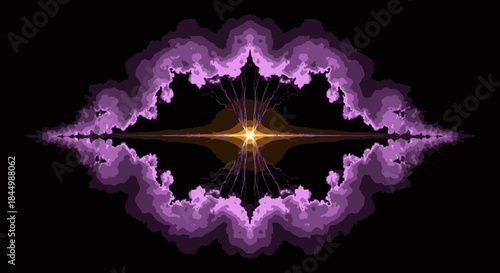 An ethereal and symmetrical abstract design featuring vibrant purple fractal patterns emanating from a central golden light, creating a mystical cosmic energy.
