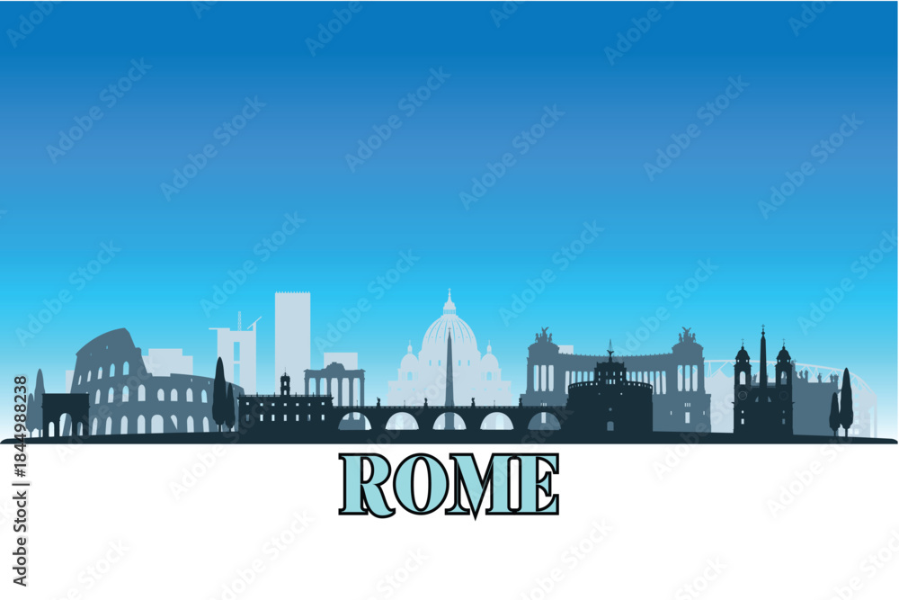 Obraz premium Global city Rome shown in a detailed vector skyline with a bright blue sky
