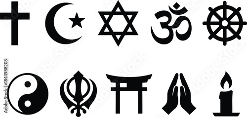 A comprehensive vector collection of major world religious symbols and spirituality icons on white.