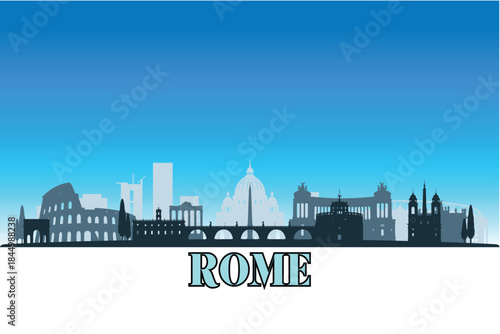 Global city Rome shown in a detailed vector skyline with a bright blue sky	