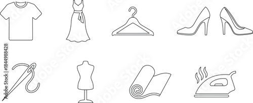Simple vector outline icons representing the fashion, sewing, and apparel industry elements.
