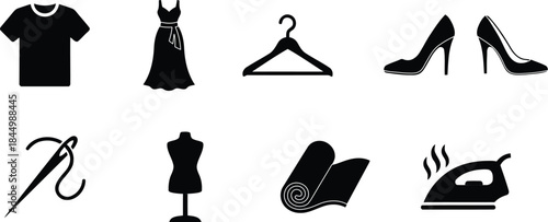 A collection of essential fashion and tailoring icons representing clothing, sewing, and apparel maintenance.