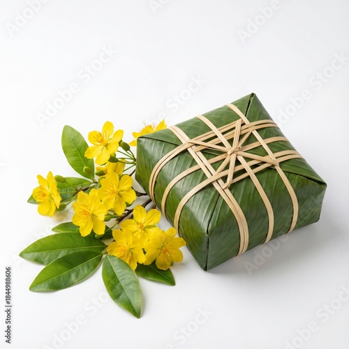 Traditional Vietnamese Banh Chung cake and yellow apricot blossom branch isolated on white.