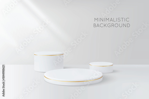 Minimalistic background with white round podium stands, 3D pedestals with golden line, platform for product presentation