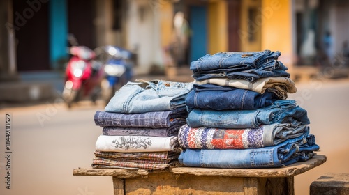 Fototapeta Naklejka Na Ścianę i Meble -  Stacked folded trousers displayed for sale on a wooden surface in an outdoor market setting