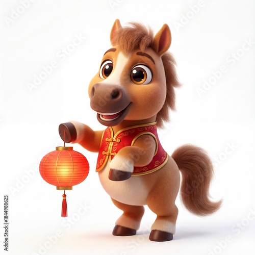 Cute 3D cartoon horse character holding red lantern for Lunar New Year isolated on white.