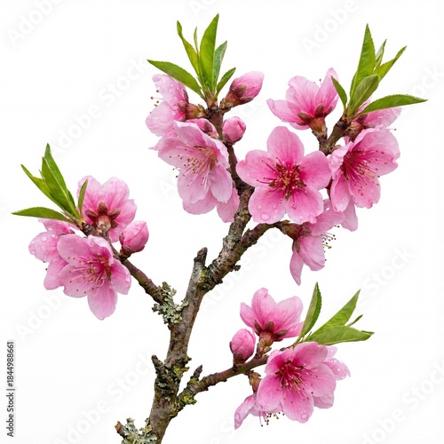 Branch of blooming pink Peach blossom flowers for Lunar New Year isolated on white.