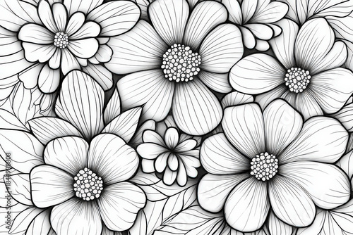 Artistic illustration of blossoming flower arrangement in black and white