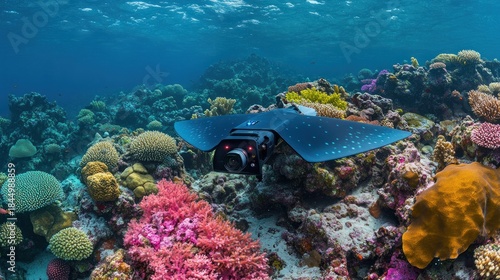 Fototapeta Naklejka Na Ścianę i Meble -  Autonomous coral reef surveyor, shaped like a flatfish, gliding over colorful corals, high-resolution cameras active, scientific documentation